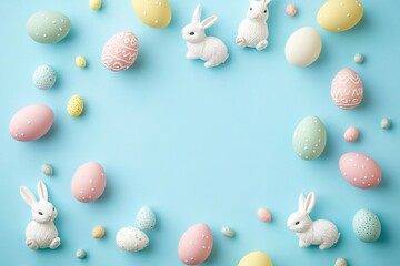 Easter decorations concept. Top view photo of colorful easter eggs and bunnies on isolated pastel blue background with copyspace in the middle