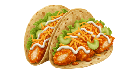 Two Chicken Tacos with Shredded Cheese and Lettuce on White