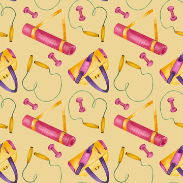 Women sports equipment seamless pattern. Jump rope, yoga mat, pink dumbbells and bright sports bag. Watercolor illustration isolated on yellow background. For packaging fitness gifts, wrapping paper