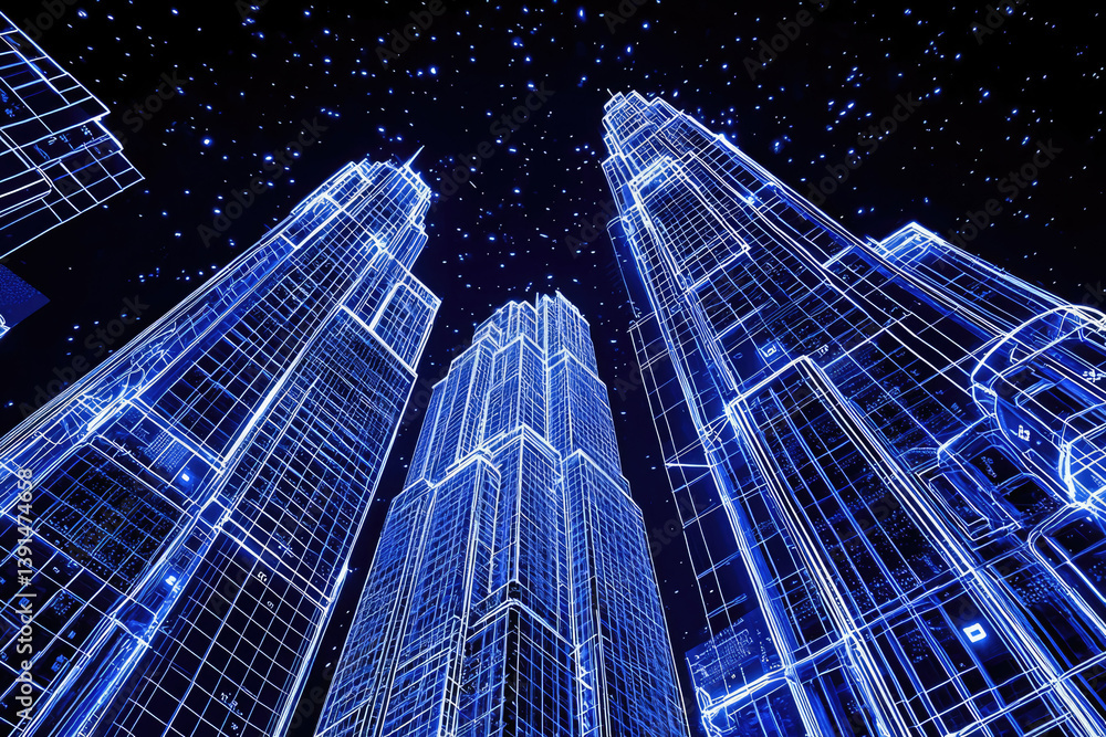 Poster wireframe skyscrapers under a starry night, digital architecture concept.