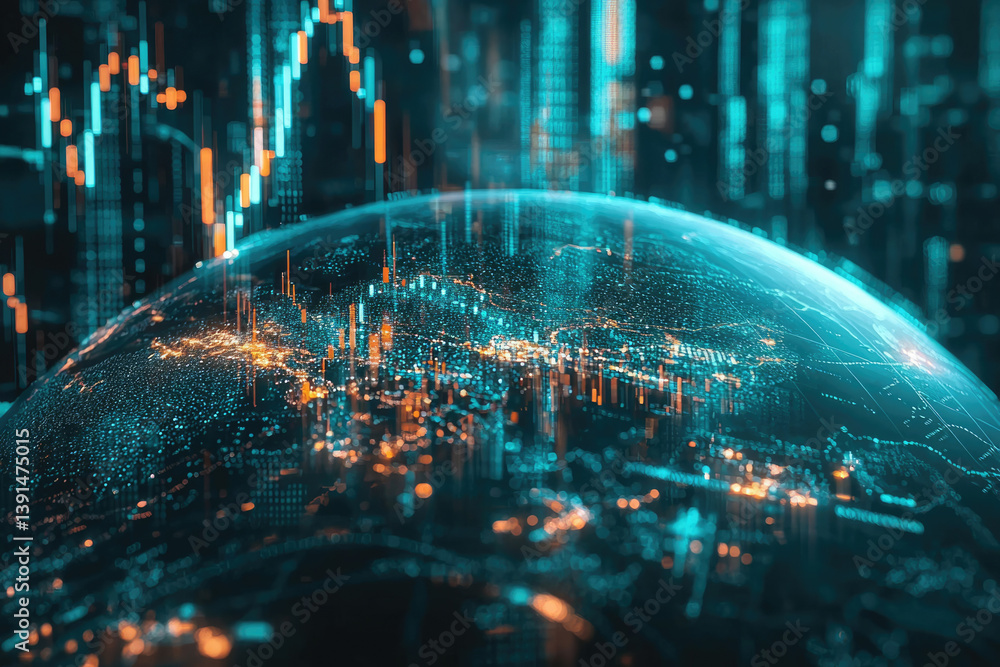Poster Global network of interconnected data points visualized on a digital Earth, showcasing dynamic financial markets and city lights.