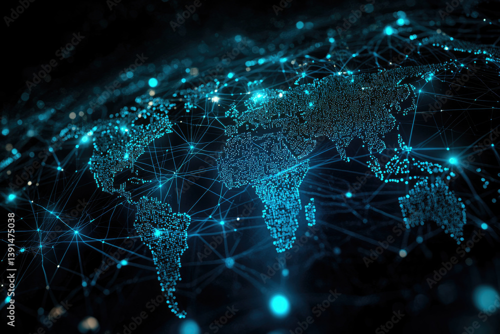 Poster Global network connection visualization, depicting interconnectedness and data flow across continents.