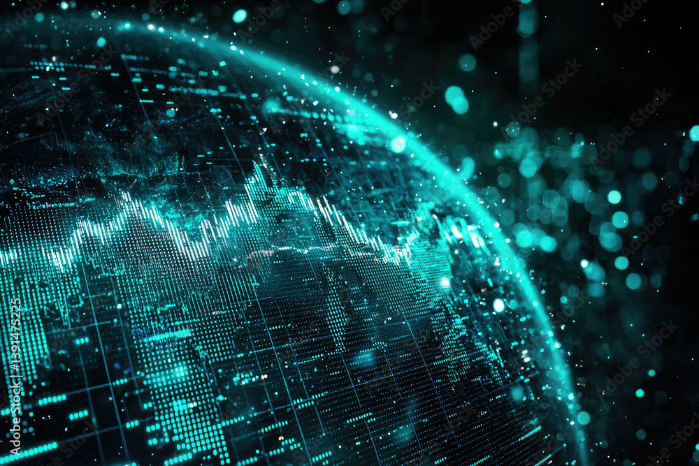 Poster Global data visualization showing interconnectedness and dynamic digital information flows across the world.