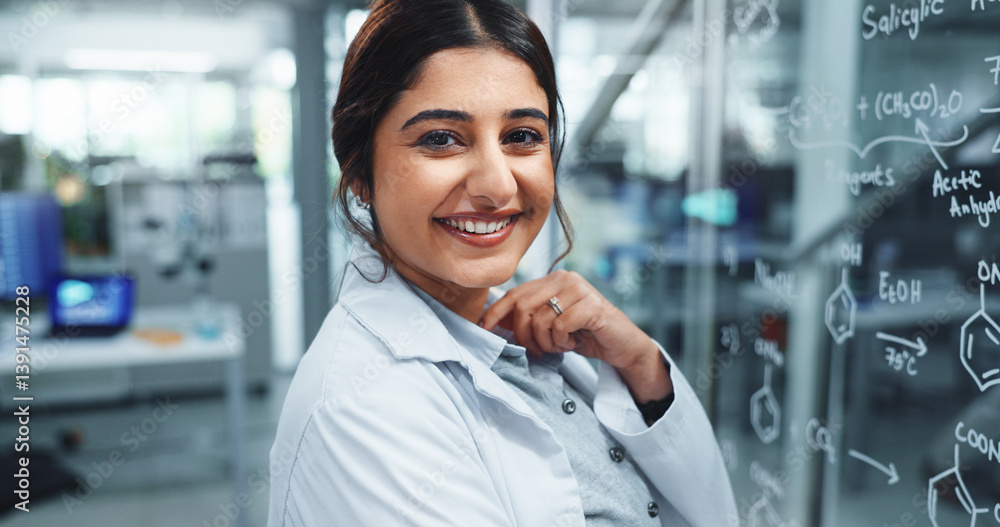 Poster happy woman, portrait and scientist with glass board for problem solving or compound structure at la