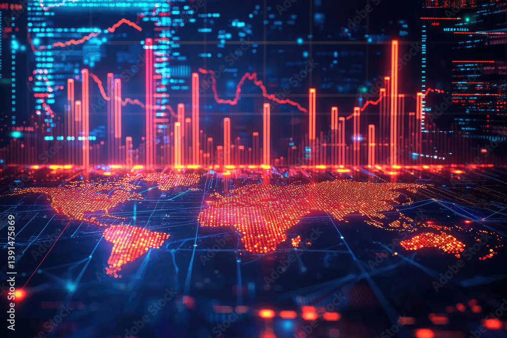 Poster Global financial market visualized with a world map overlaid with dynamic red stock market graphs showing economic trends.