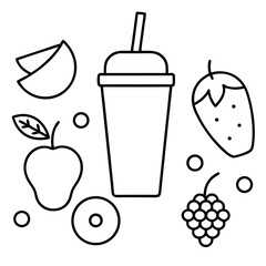 Fruit smoothie ingredients in a flat lay line art vector illustration