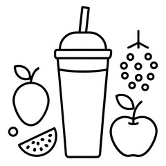 Fruit smoothie ingredients in a flat lay line art vector illustration