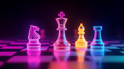 Neon chess pieces on a chessboard, strategic game with vibrant colors