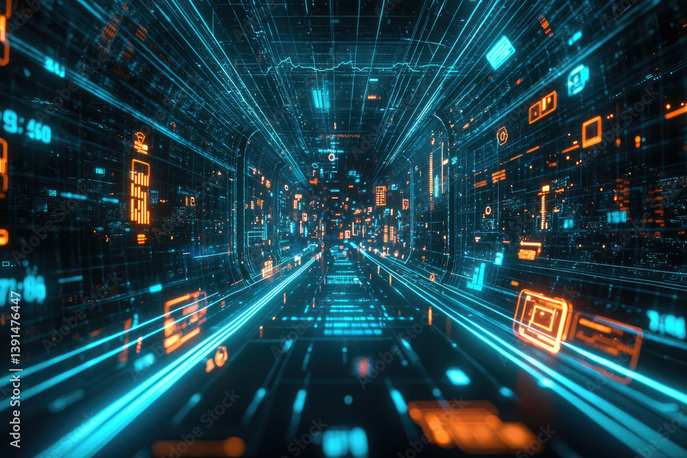Poster A futuristic digital tunnel filled with glowing data streams and code, representing the speed and complexity of modern technology.
