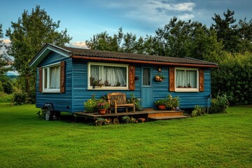 A small, blue house with a wooden porch sits on a lush green lawn. Ideal for minimalist living, vacation rentals, or alternative housing.