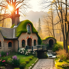 Full outdoor shot of a charming, fairytale-like stone cottage nestled within a lush, autumnal forest. 