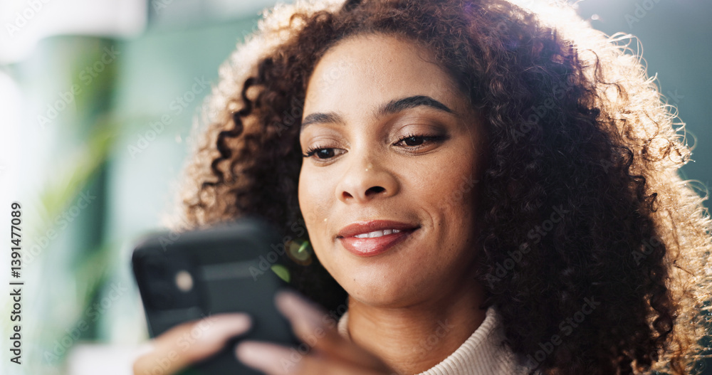 Aufkleber reading, message and woman with smartphone, relax and smile for communication with contact and onlin
