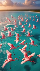Award-Winning 8K Drone Image of Flamingos in Flight Over Turquoise Ocean at Golden Hour