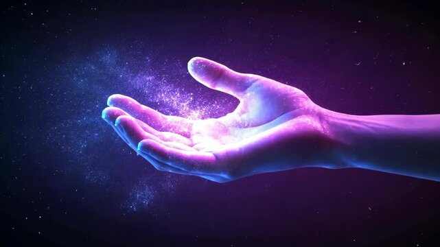 Illuminated hand holding a bright light with sparkling particles in a dark purple space