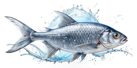 Fototapeta premium Underwater Silver Fish Portrait, Graceful Aquatic Animal, Blue Water Splashes, Isolated White Background