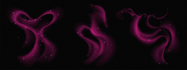 Magical pink smoke set - glowing curly fumes forming whimsical shapes. Sparkling rosy vapor trails with stars swirling on black background. Glamorous twisting steam wisps for fantasy design.