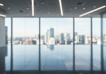Blurred view from a high rise building with city skyline visible through large glass windows and bright lights