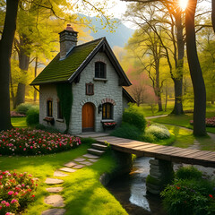 Full outdoor shot of a charming, stone cottage nestled within a lush garden setting. 
