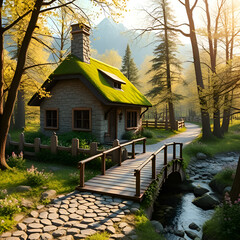 A quaint stone cottage with a moss-covered, green roof sits nestled in a lush, forested valley. 