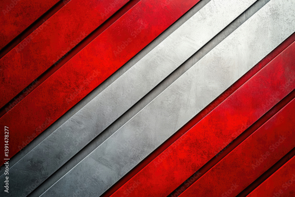 Poster Abstract background with diagonal red and silver metallic stripes, textured surface.