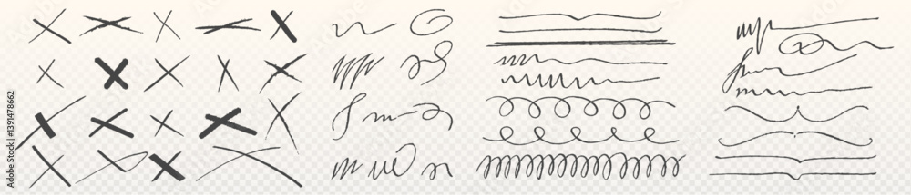 Poster handdrawn highlight lines and cross marks set - various sketchy doodle strokes, underlines and scrib