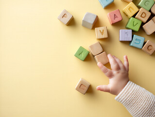  baby hand and wooden blocks,