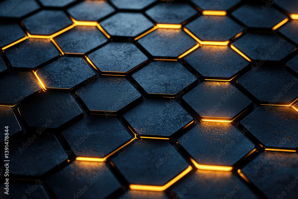 Poster abstract hexagon pattern with glowing edges, dark metallic texture, futuristic design.