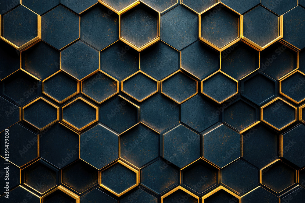 Poster Abstract hexagonal pattern with dark blue hexagons and gold borders, creating a luxurious and geometric design.