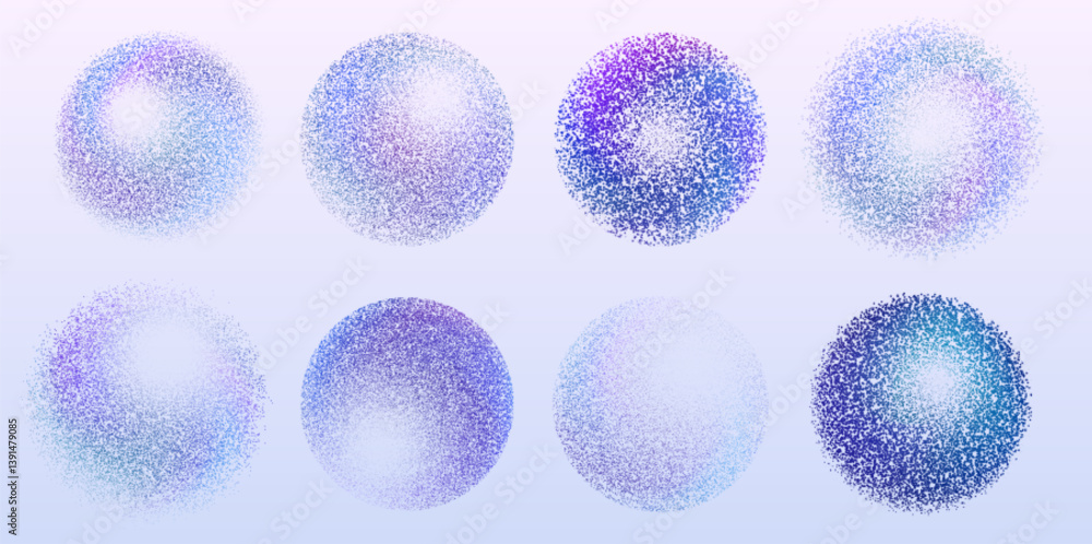 Poster grainy sphere shapes set in various blue and purple tones - circular particles forming textured roun