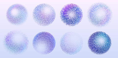 Grainy sphere shapes set in various blue and purple tones - circular particles forming textured round stamps. Halftone dotted circles, stipple gradient blobs - abstract decorative design elements.
