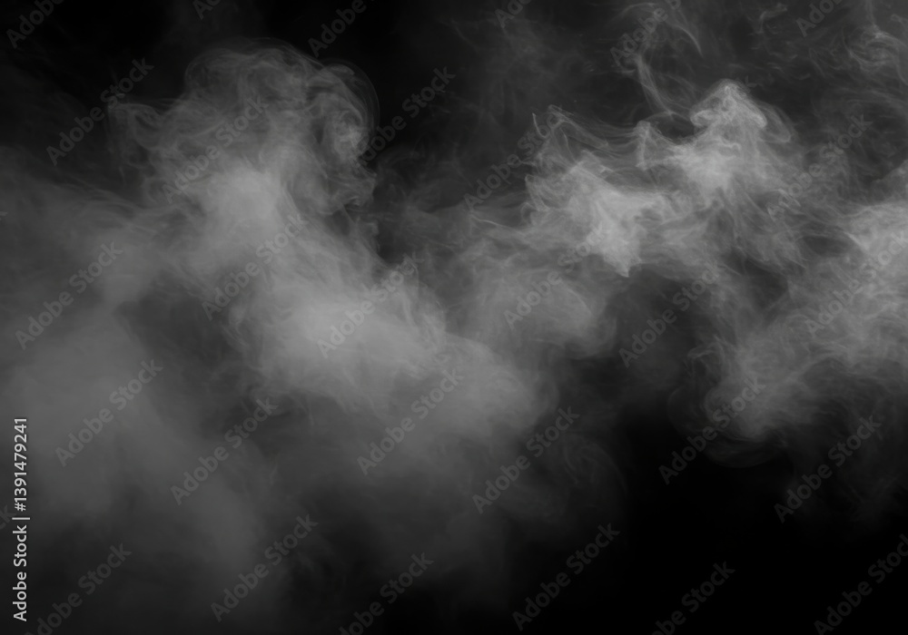Poster a monochromatic image showcasing a dense cloud of smoke against a stark black background creating my
