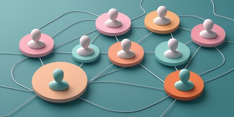 Colorful abstract representation of a connected network of people with pastel figures linked by lines, symbolizing communication, collaboration, and social media connection
