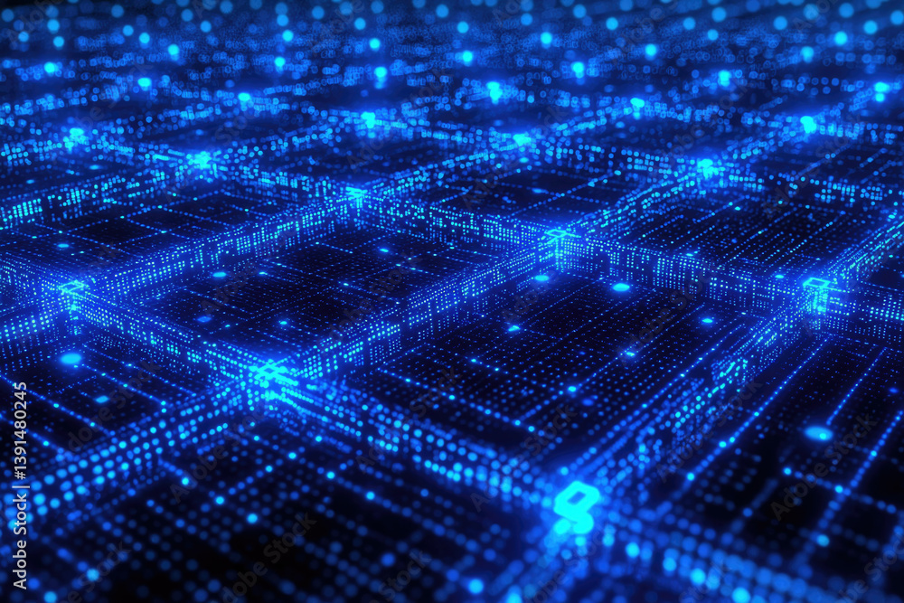 Poster Abstract digital landscape of glowing blue nodes forming a complex network grid.