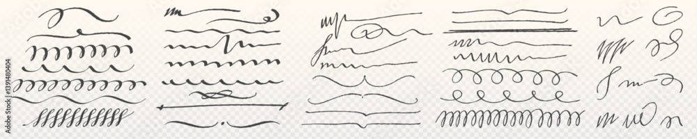 Poster hand drawn highlight strokes set - black ink doodle lines, waves, curls for underlining words, addin