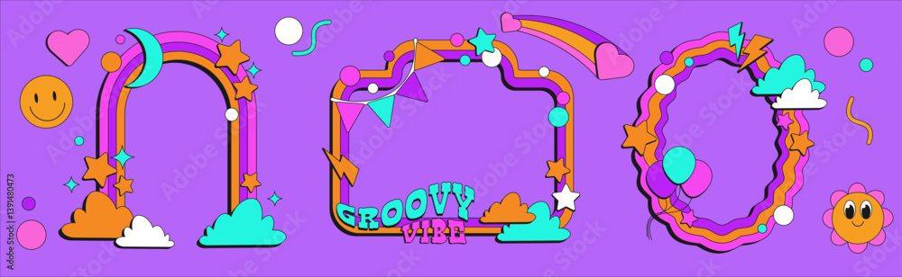 Poster groovy frames set with smiling face - wavy, curved colorful borders in retro style on purple backgro