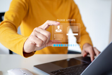 Digital identification or digital ID concept. Businessman use laptop and hand touch virtual screen of digital identification card to accessing databases by digital identity for cyber security.