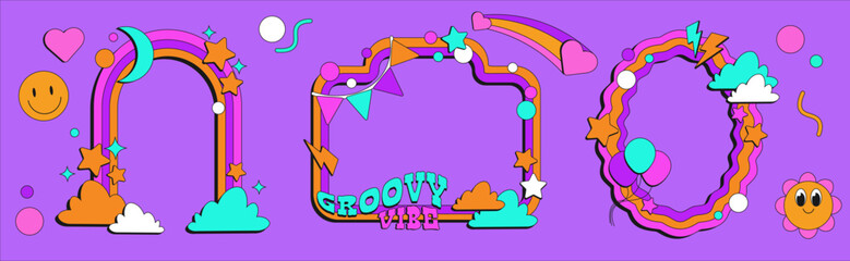 Groovy frames set with smiling face - wavy, curved colorful borders in retro style on purple background. Rainbow gradient outline shapes filled with stars and clouds, hearts and birthday balloons.