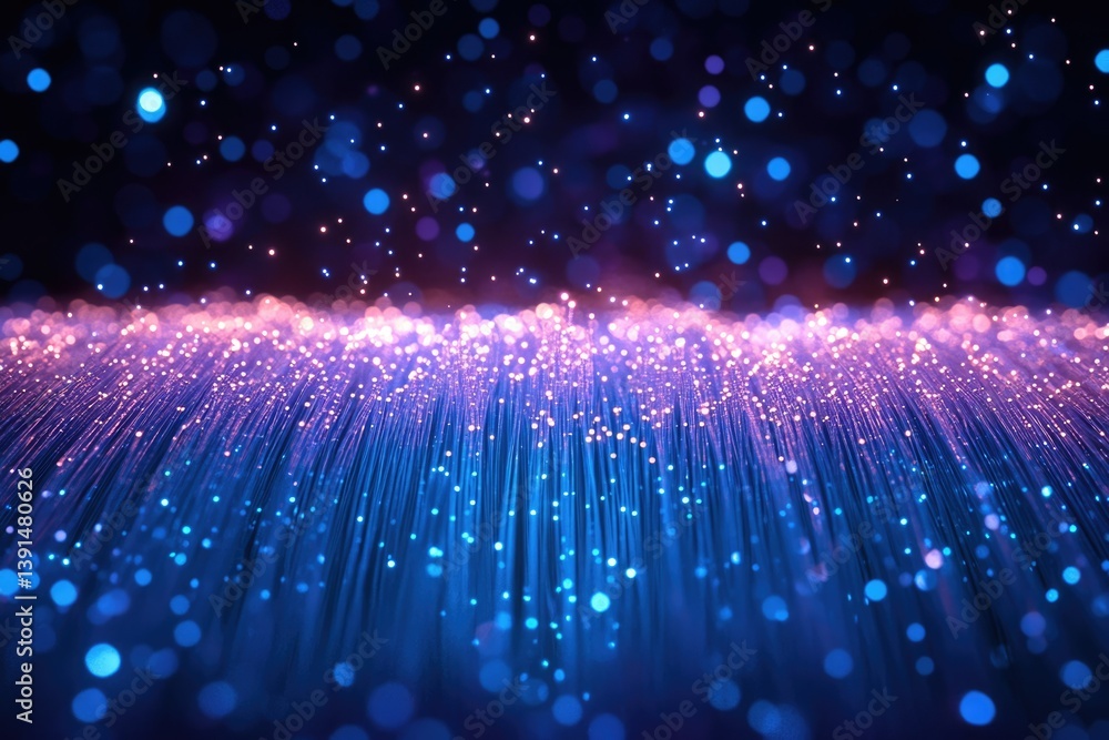 Poster Abstract shimmering lines of blue and purple light, creating a dreamy, futuristic and glowing atmosphere with bokeh effect.
