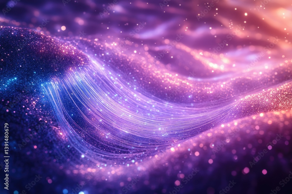 Aufkleber glittering waves of purple and blue intertwine, illuminated by sparkling light, creating a magical, 