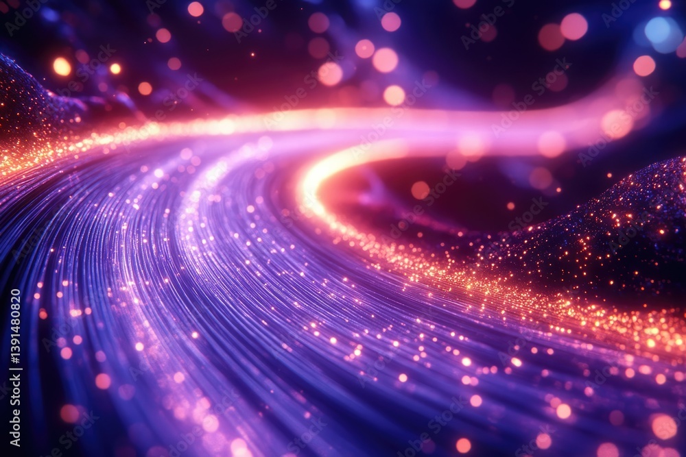 Poster Abstract digital art featuring flowing lines of light and bokeh effects in a vibrant color palette.