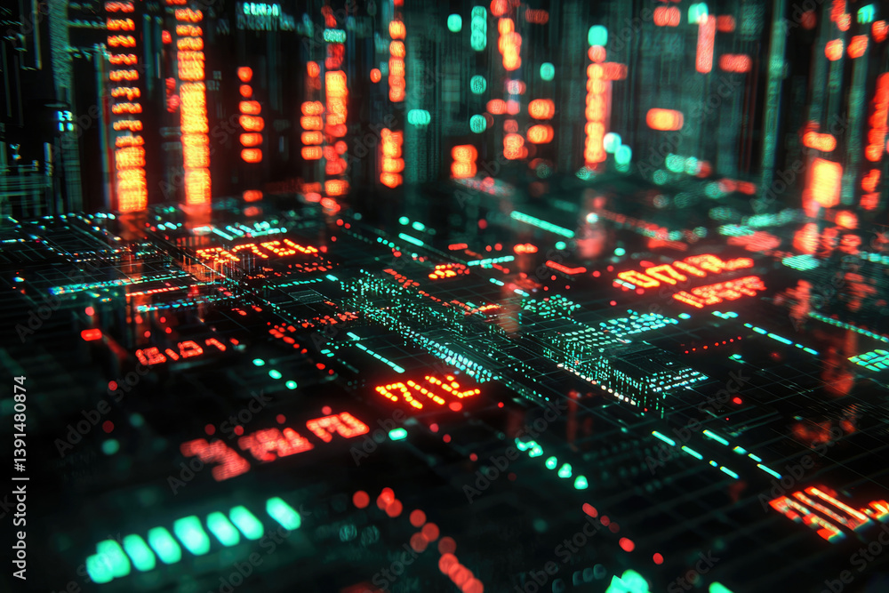 Poster Abstract digital landscape with glowing lines and numbers, depicting futuristic technology and data streams.