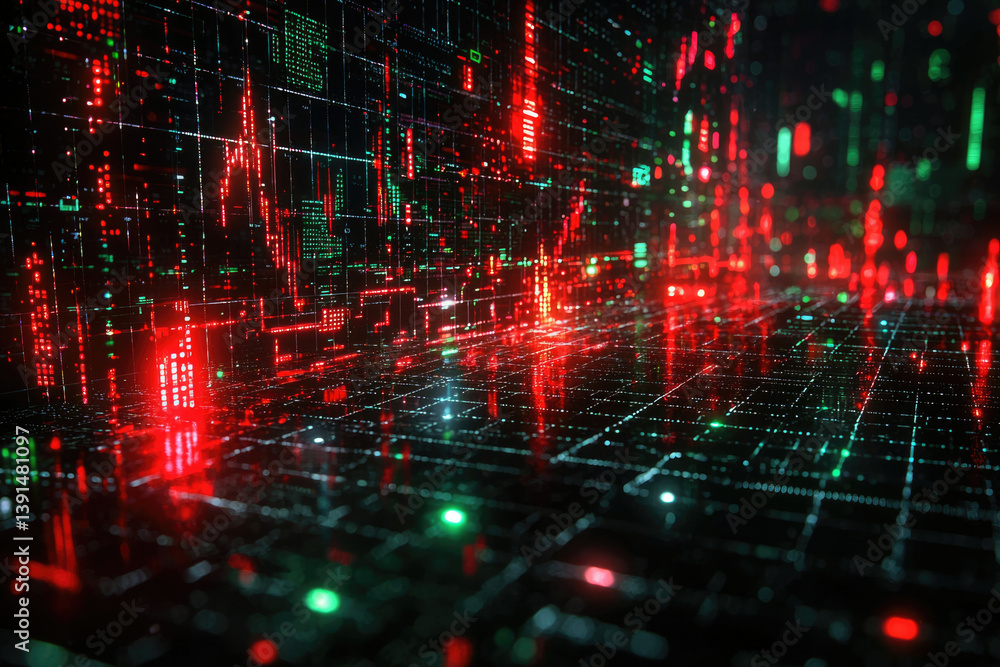 Poster a futuristic digital cityscape, glowing with red and green data streams, reflects technological adva
