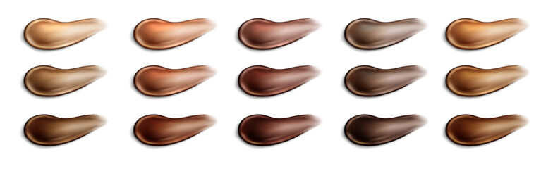 Foundation drops kit with various dark skin tones. Brown shades liquid cosmetic smudges swatches palette for makeup artistry. Diversity beauty product color range samples. Fluid skincare cream smears.