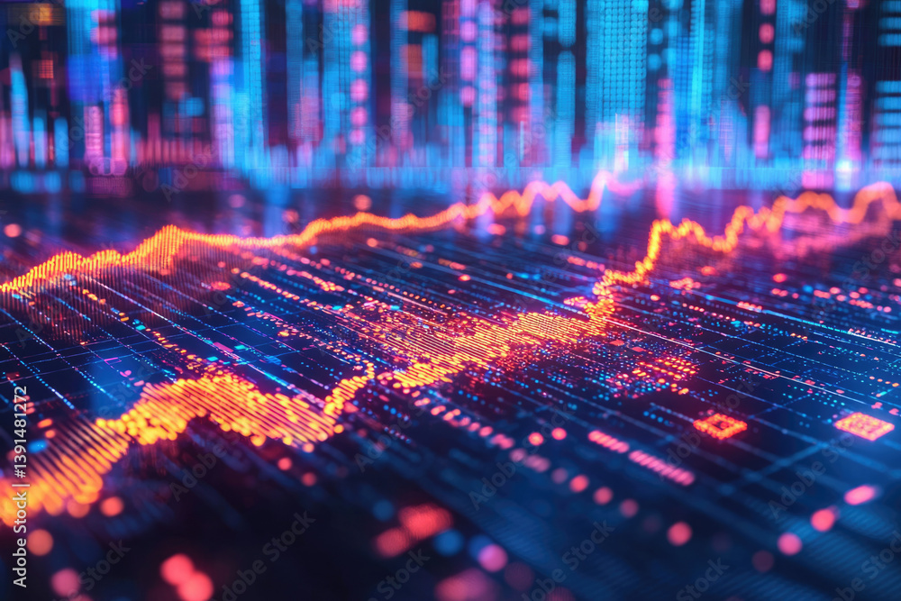 Poster abstract visualization of data streams, stock market trends, and digital information flow.