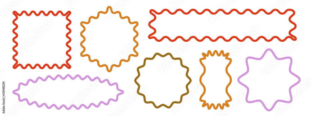Poster wavy scalloped decorative frame shapes. squiggly lines, zigzag borders form whimsical rectangle and 