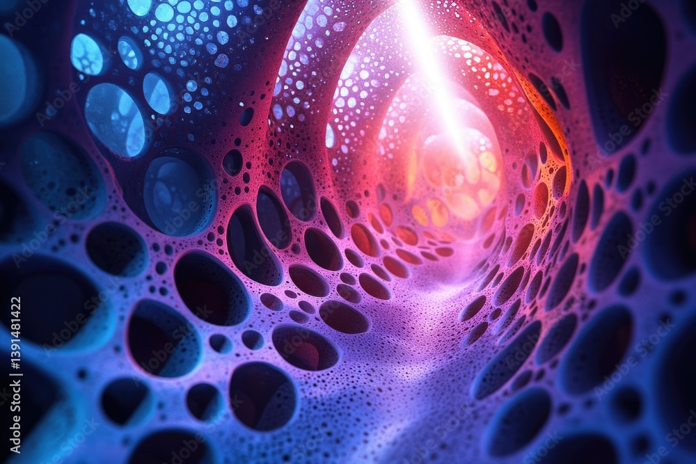 Fototapete Abstract rendering of a tunnel with glowing light, featuring cellular-like structures and vibrant blue and red hues.