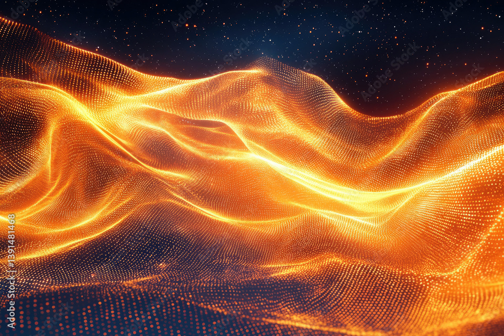Poster Glowing orange particle waves flowing across a dark starry background, creating an abstract, cosmic landscape.