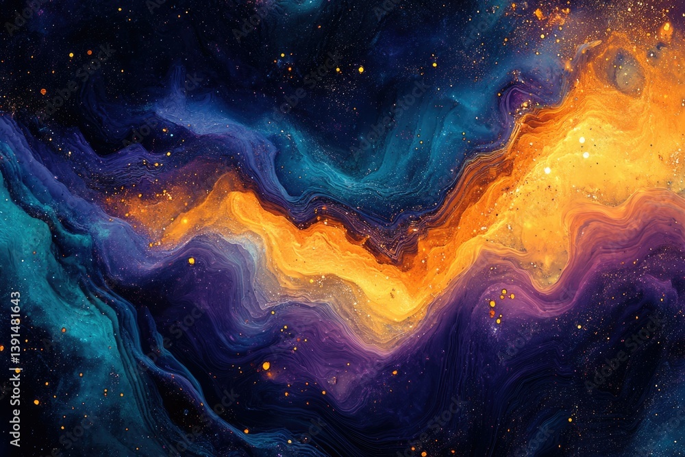 Poster abstract cosmic design with fluid textures and sparkling particles in shades of blue, purple, and vi