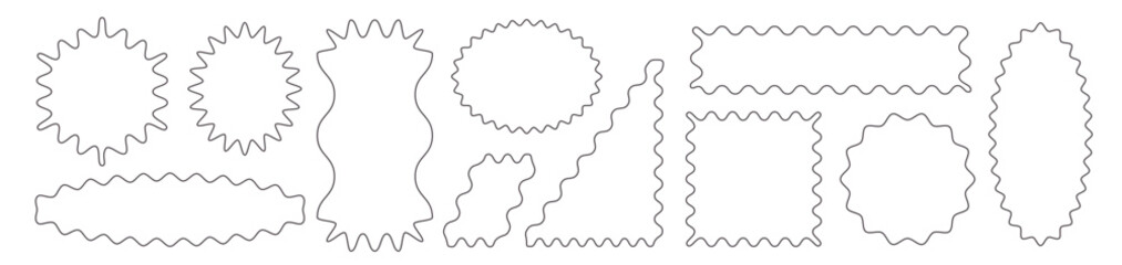 Black scallop line borders set isolated on white background. Vector realistic illustration of round, oval, triangle, rectangle shape wavy doodle boxes, blank corrugated stamps, serrated badges pack