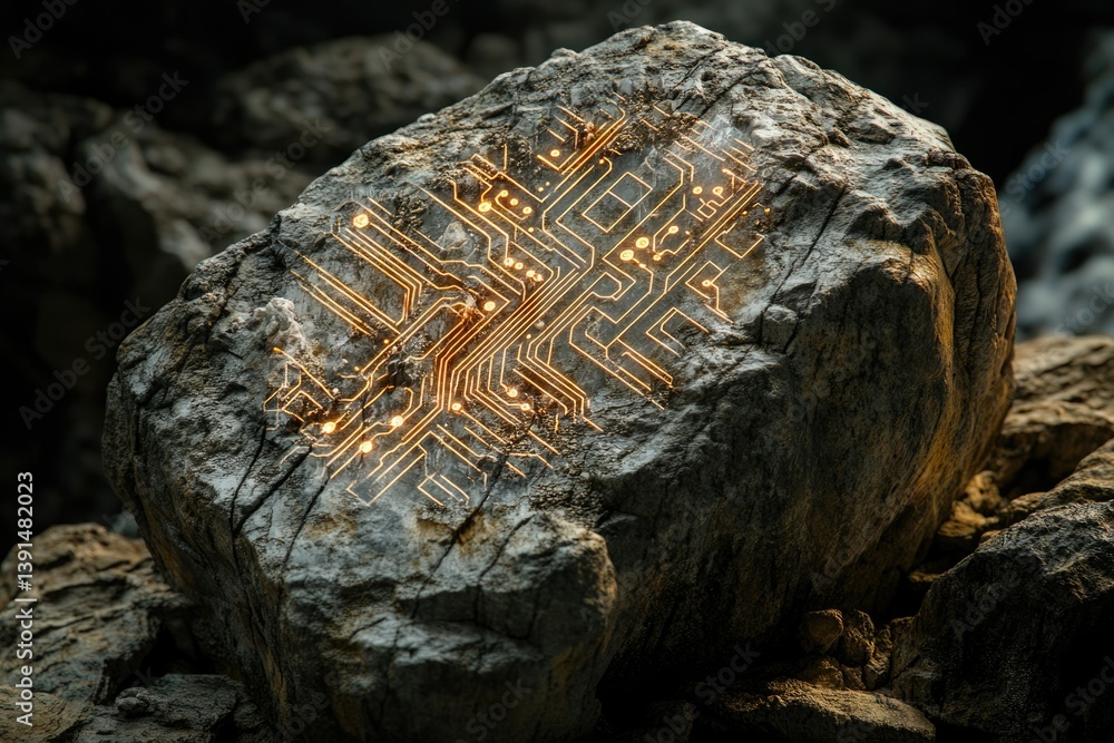 Leinwandbilder Ancient technology concept, a circuit board is carved into the weathered surface of a large stone.